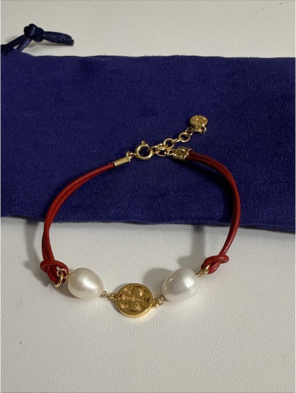 Tory Burch Gold Bracelet, Pearl and Brown Leather, Gold Tory Burch Logo.